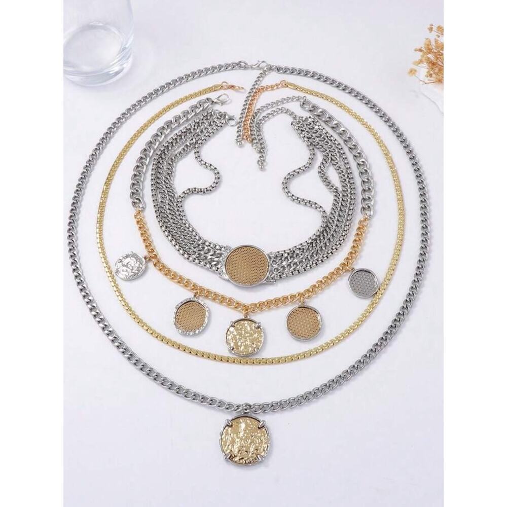Stainless Steel Multilayer Coin Statement Necklace Old Money Layered Chain - Picture 4 of 11